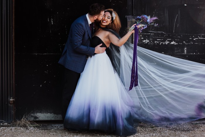 Purple and white wedding dress with sleeves