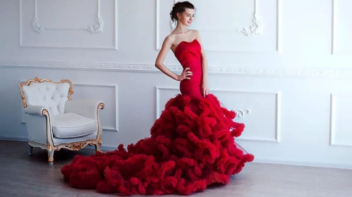 Red wedding dress with veil