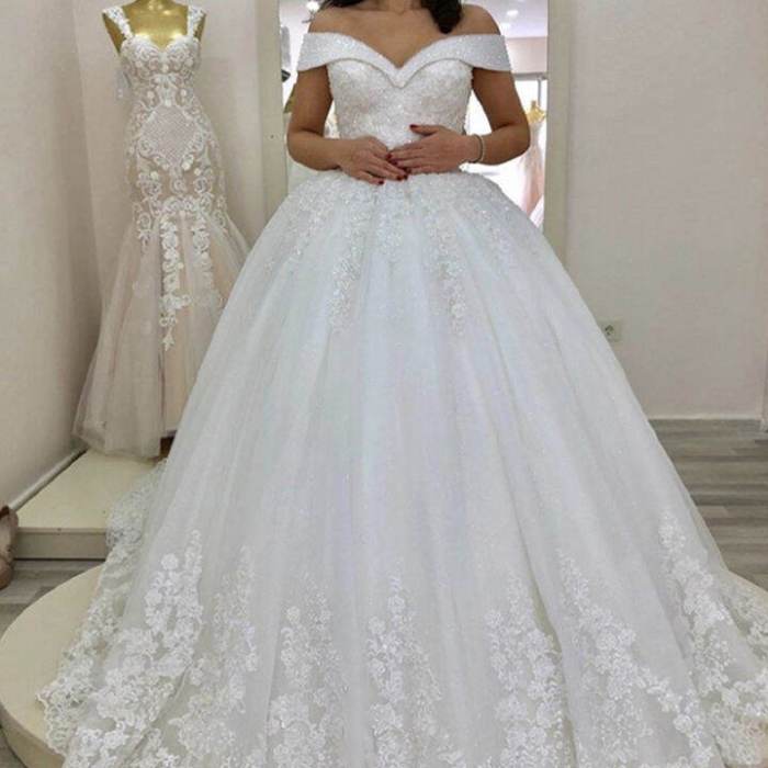 Wedding white gown princess dresses ball lace straps